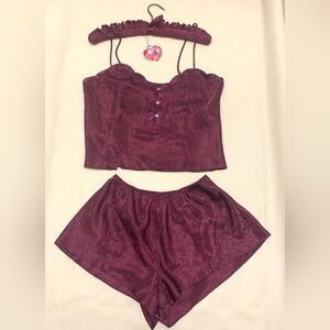 Vtg Valerie Stevens Intimates Maroon Floral Satin Cami & Shorts PJ Set w/Hanger